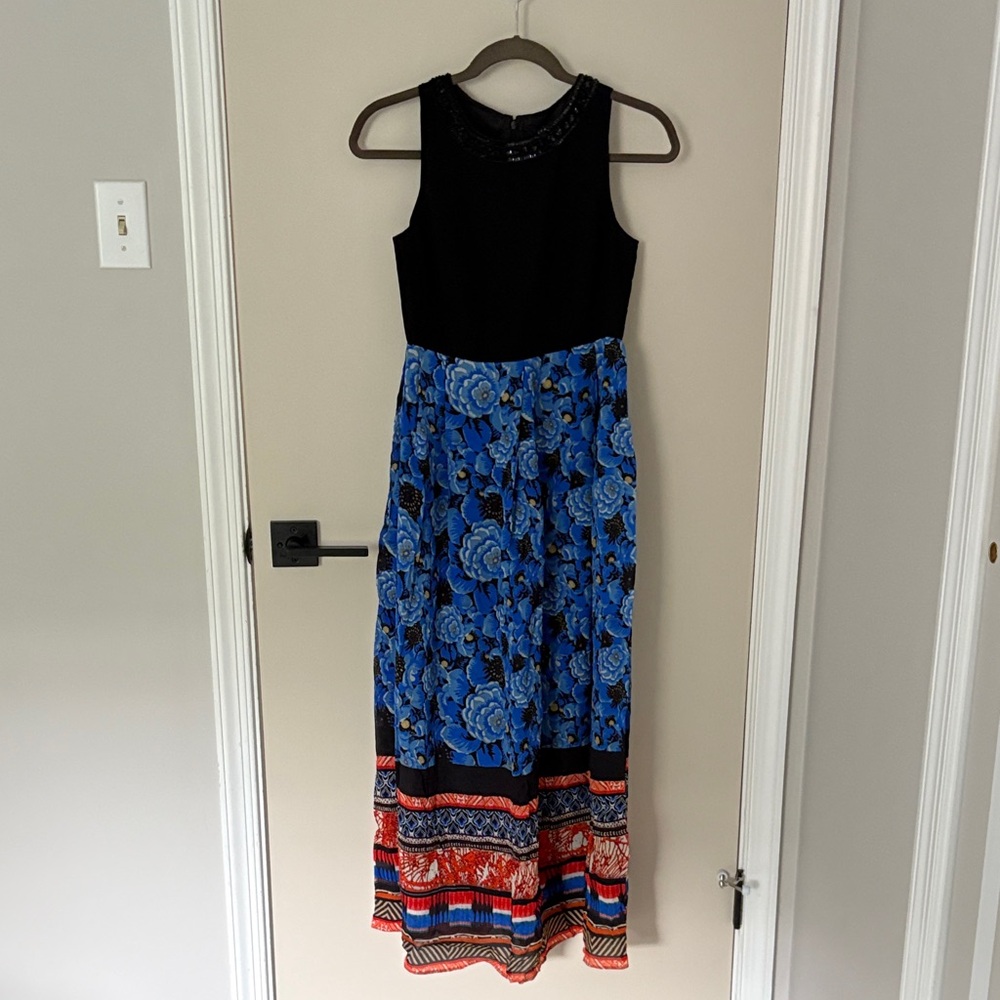 Anthropologie Black and Blue Floral Maxi Dress